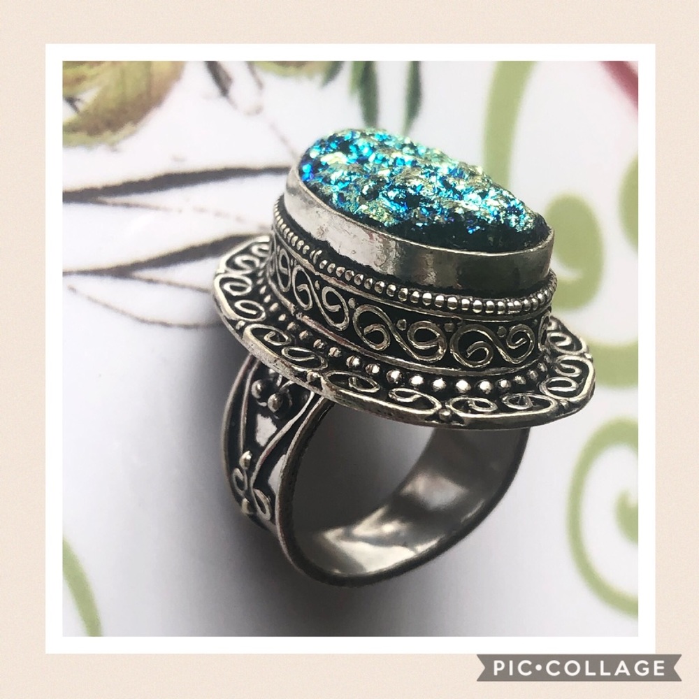 Chunky Rainbow Druzy Silver Ring NWOT